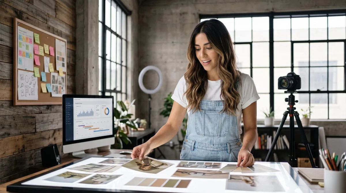 Creadora planificando contenido para redes sociales con moodboard, calendario y métricas en una estación de trabajo.