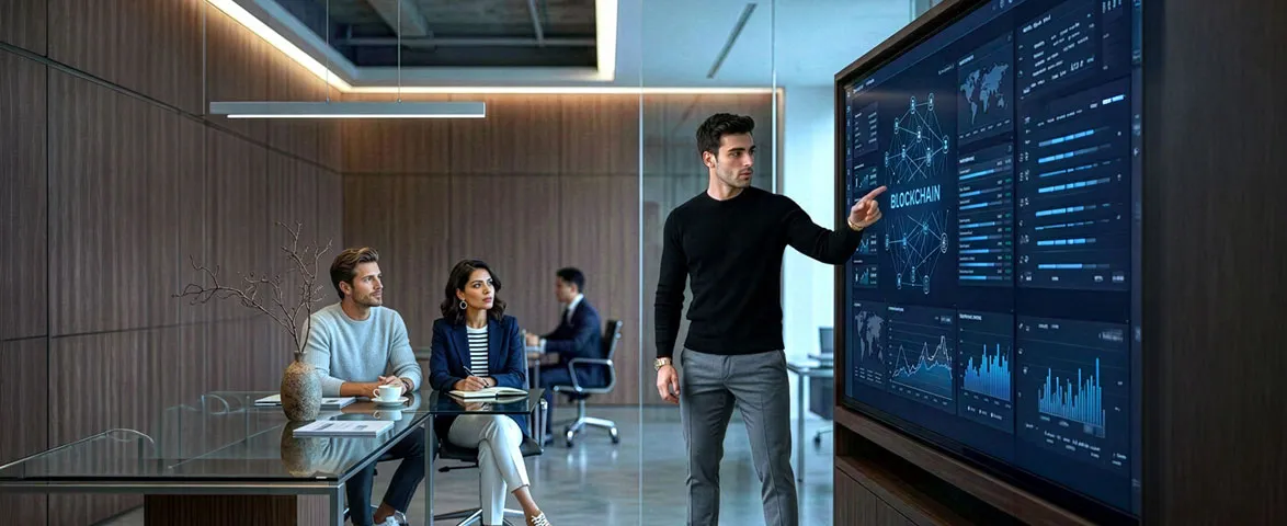 Profesional analizando tecnologías de blockchain y activos digitales durante una sesión de aprendizaje en línea del Diplomado en Blockchain.