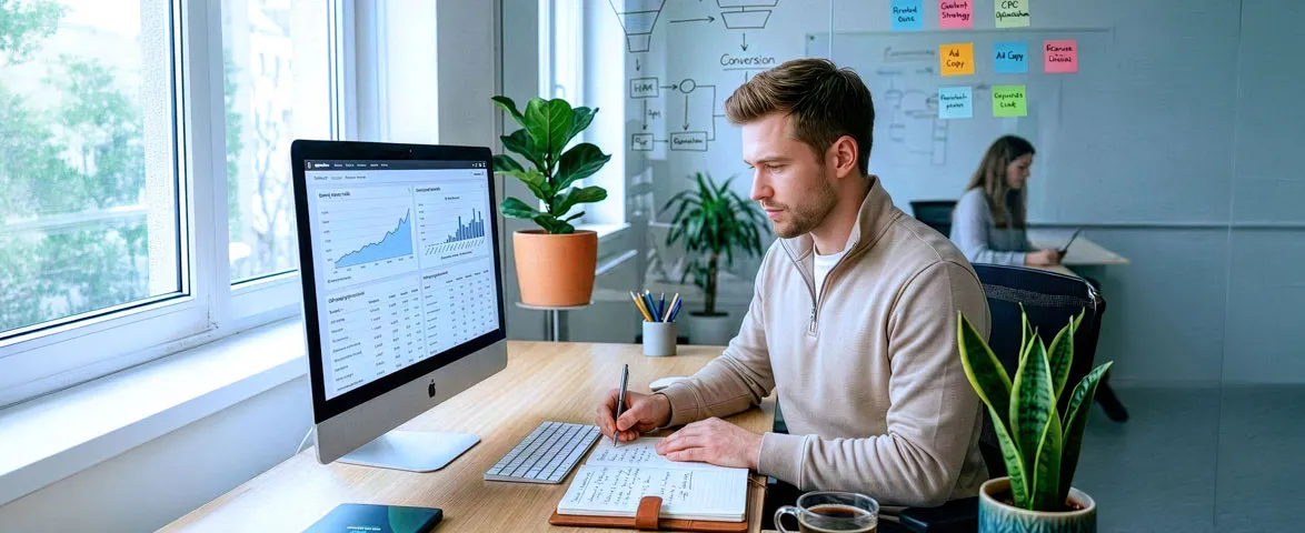 Profesional optimizando campañas y estrategias de posicionamiento en buscadores durante un Diplomado en Marketing Digital.