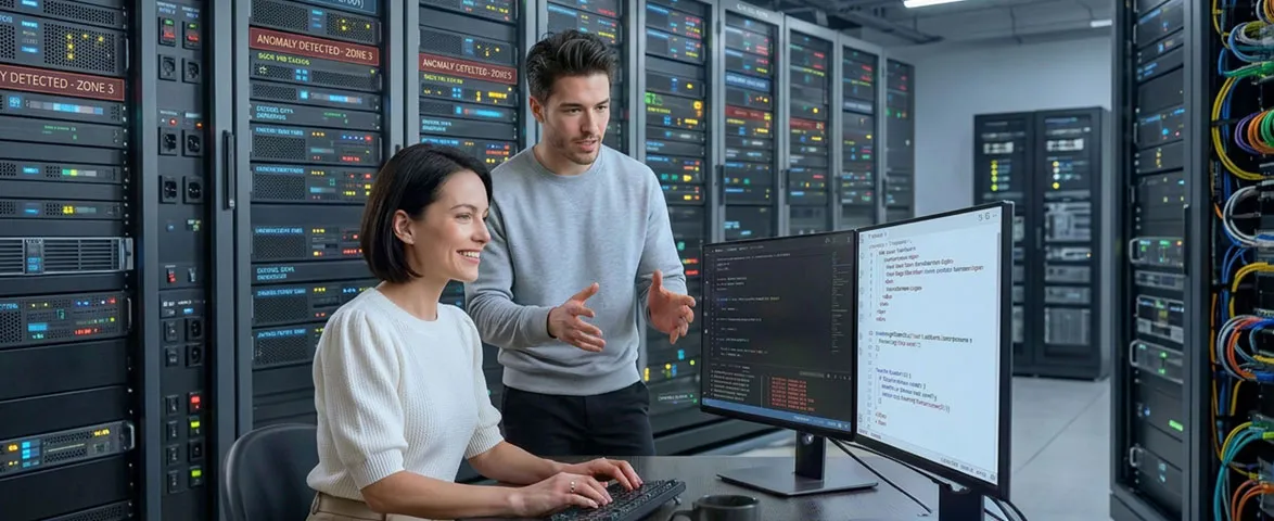 Profesional monitoreando la seguridad de sistemas y redes durante el diplomado ciberseguridad.