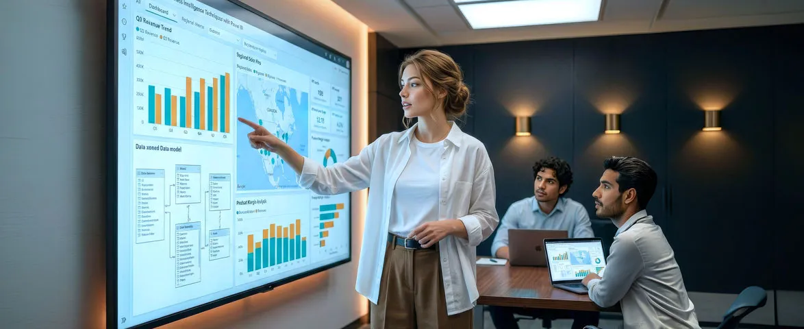 Especialista analizando indicadores y tableros con Power BI Business Intelligence para apoyar decisiones estratégicas.