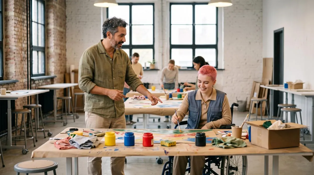 Docente guía una actividad de creatividad y arte con estudiantes dentro de un aula innovadora e inclusiva.