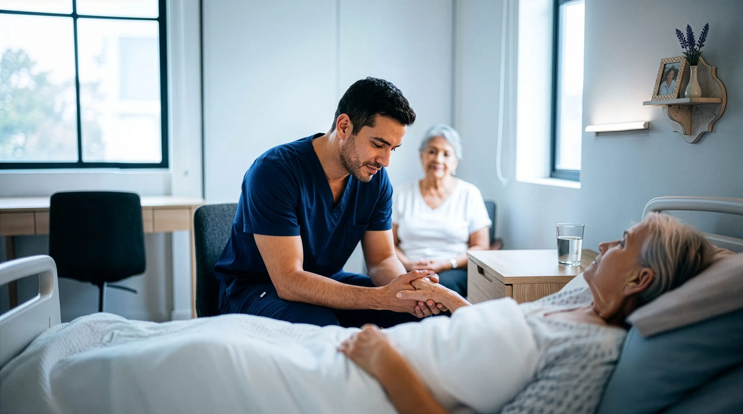 Un experto en cuidados paliativos atiende a paciente con enfermedades crónicas en la sala de un hospital. 