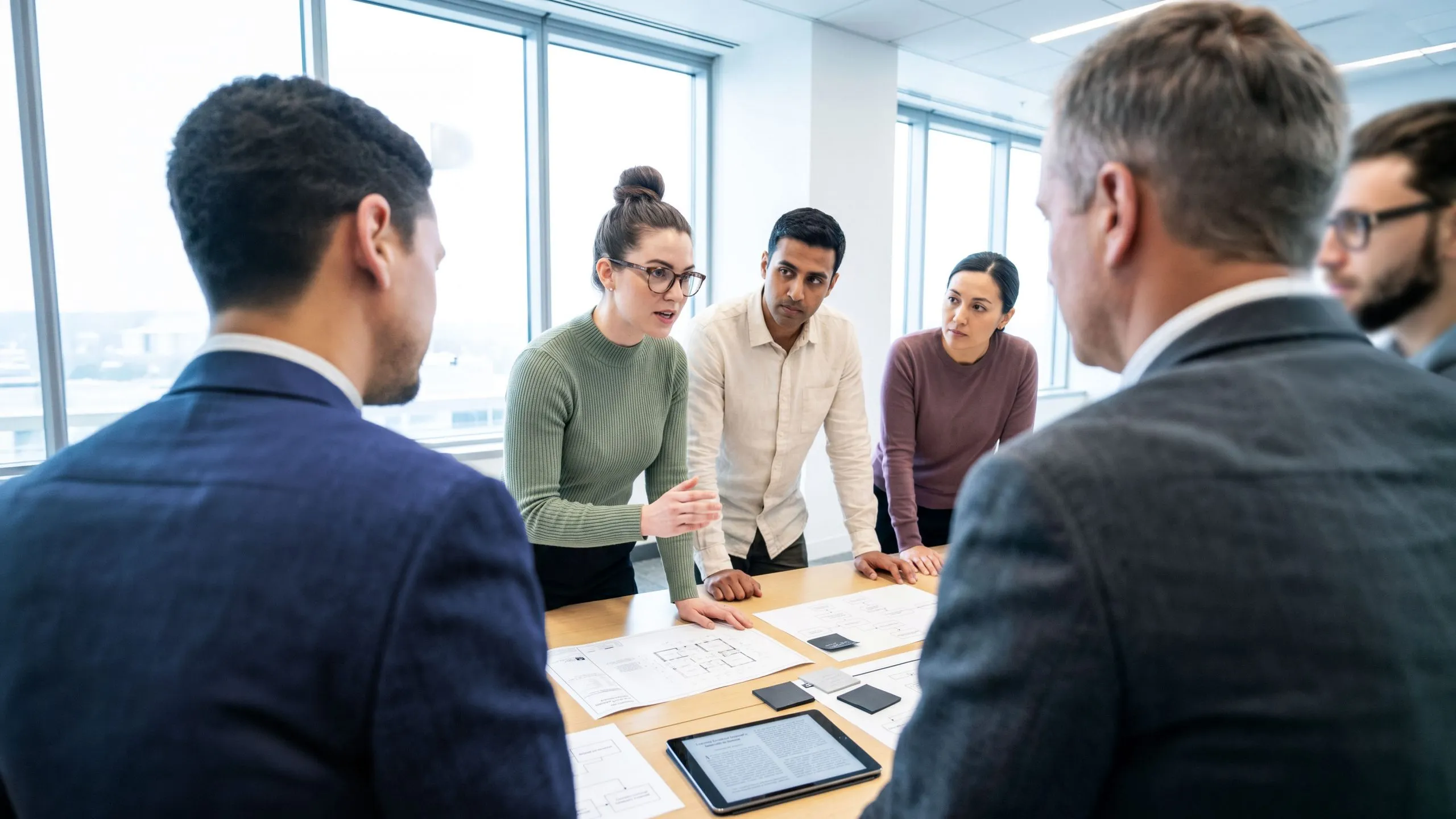 Un grupo de dos mujeres y un hombre, egresados de diplomados en inteligencia artificial especializados en innovación social explican sus metodologías de diseño de estrategias a tres directivos de empresas.