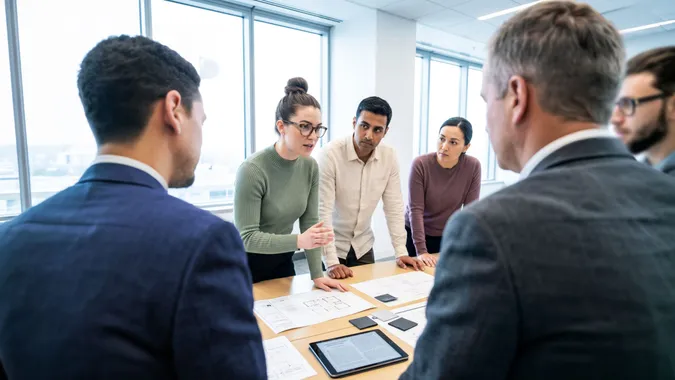 Un grupo de dos mujeres y un hombre, egresados de diplomados en inteligencia artificial especializados en innovación social explican sus metodologías de diseño de estrategias a tres directivos de empresas.