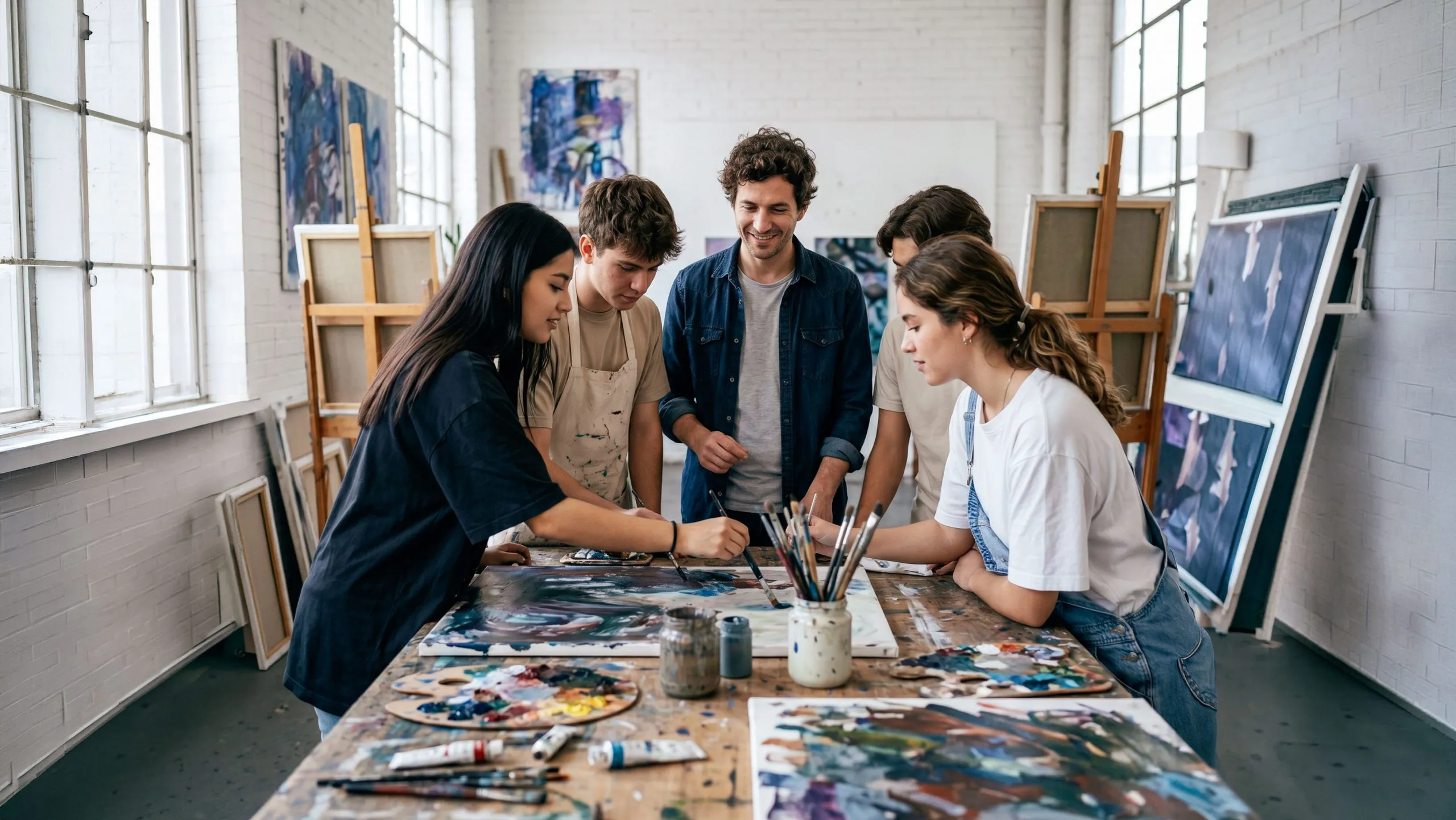 Cinco estudiantes crean una pintura en un taller de educación artística y cultural basados en sus conocimientos de creatividad y arte.