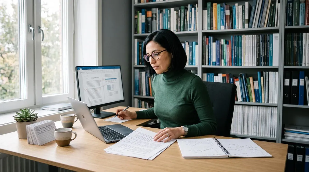 Investigadora redactando un artículo científico mientras revisa datos, referencias y lineamientos de una revista científica.