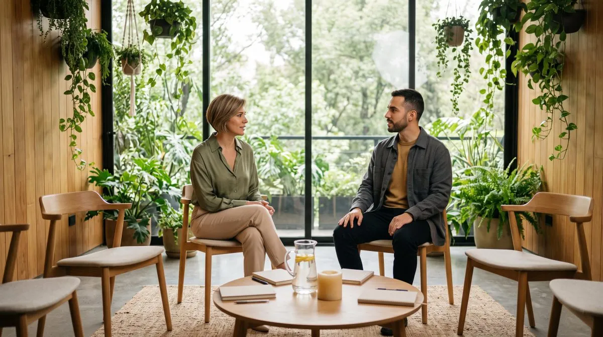 Líder practica escucha activa con su equipo durante una conversación de trabajo en un entorno de liderazgo consciente.