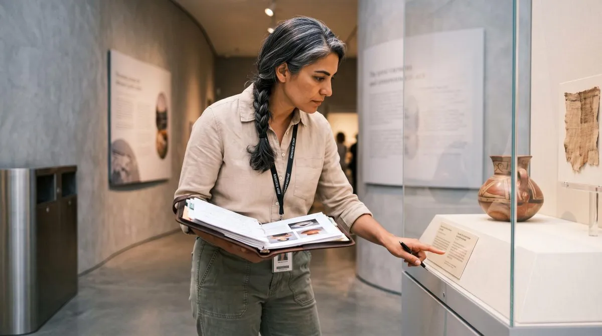 Profesional analiza una exposición y piezas patrimoniales mientras trabaja conceptos de museología y museografía. 