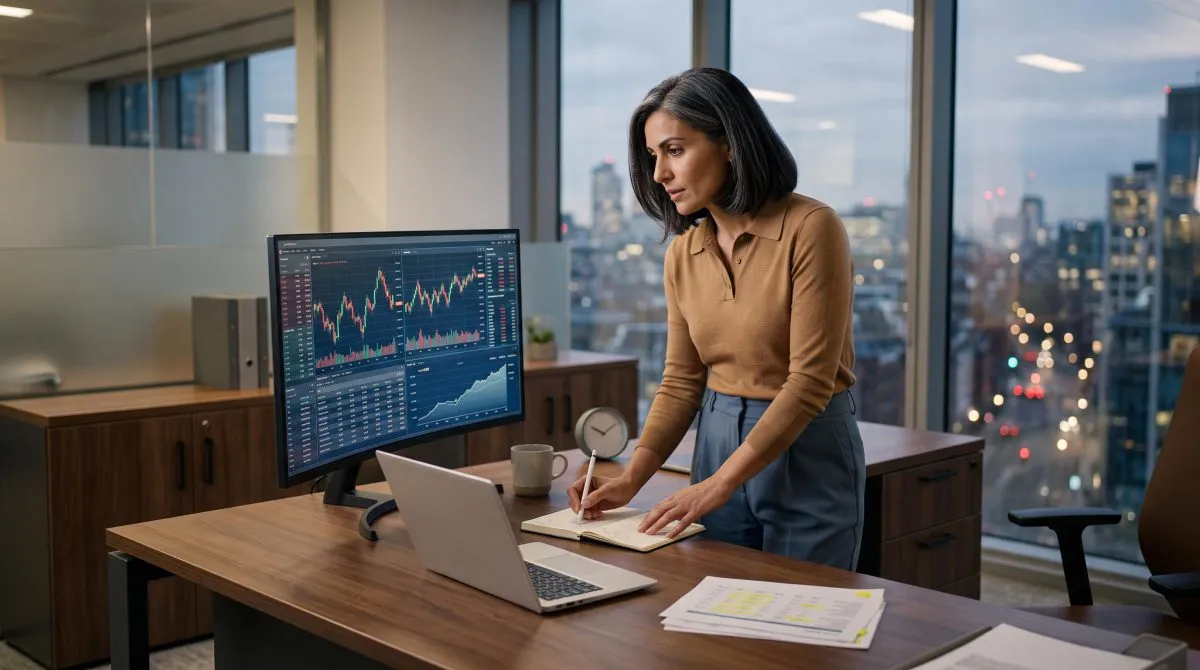 Profesional analiza dashboards financieros, big data y modelos predictivos para evaluar inversiones y escenarios de riesgo.   